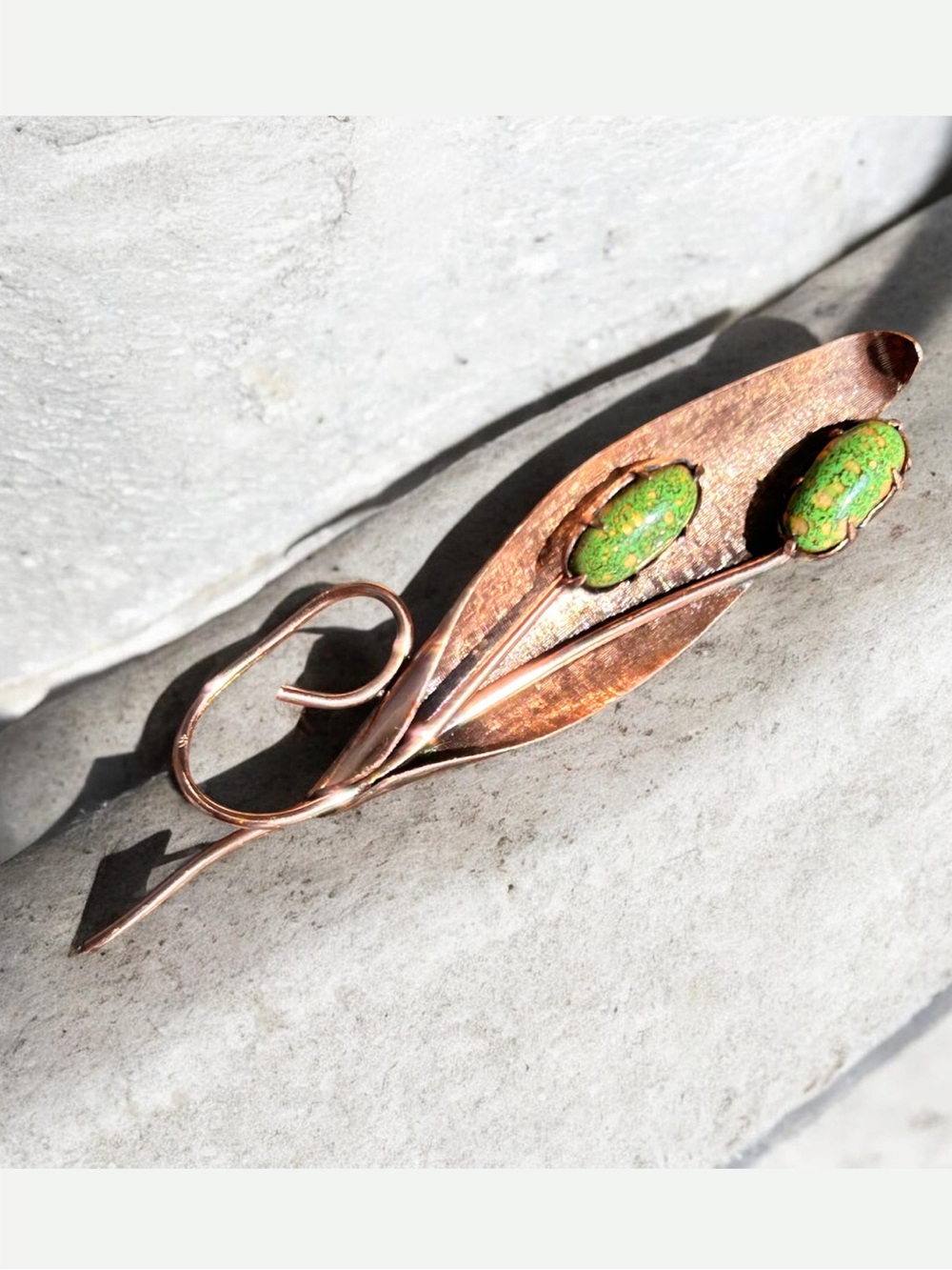 Vintage Matisse Renoir Signed Green Stone Copper Lily Brooch